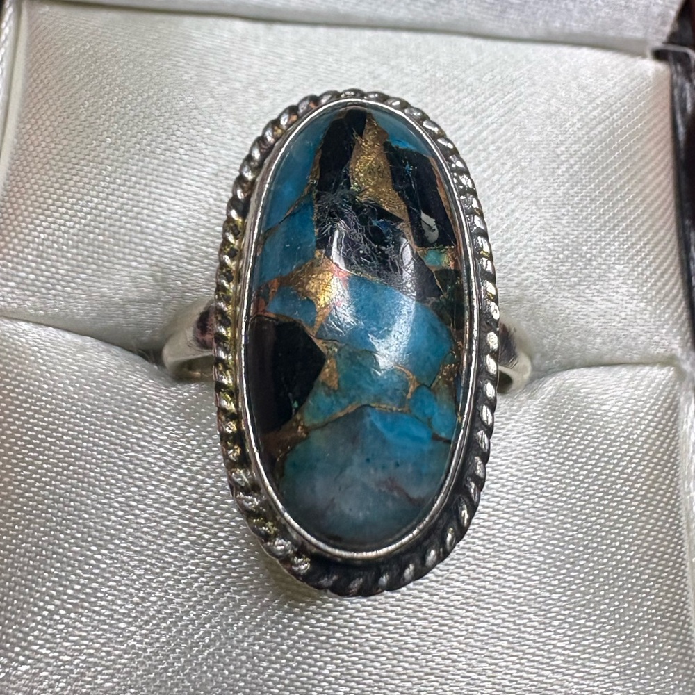 Ring Turquoise Black Blue Copper 295 Sterling Silver